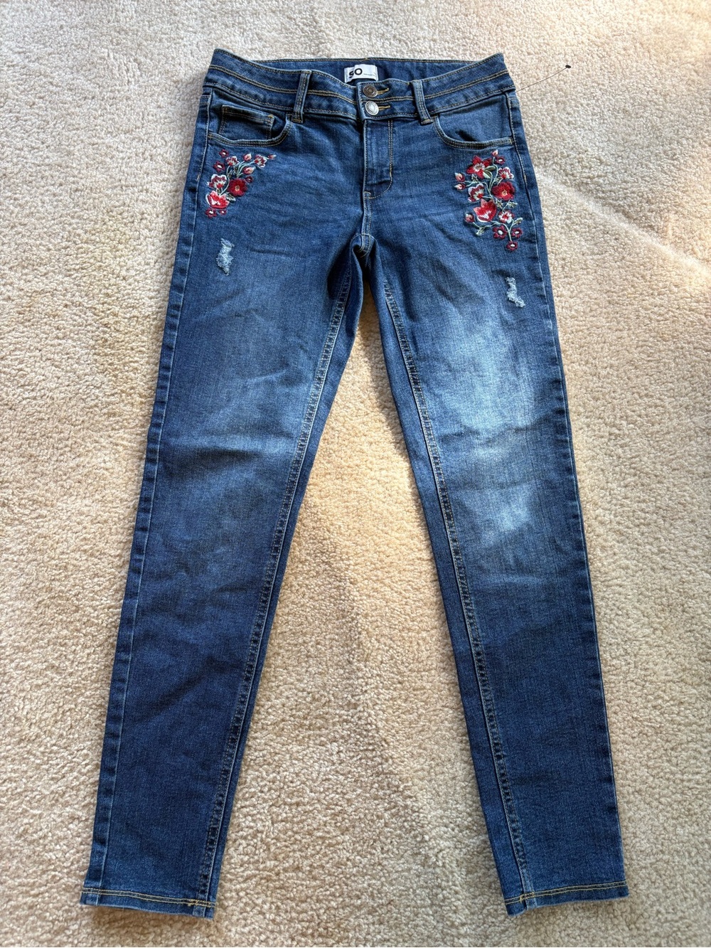 Girls size 14-SO Dark Blue Skinny Jeans with Red Floral Embroidery
